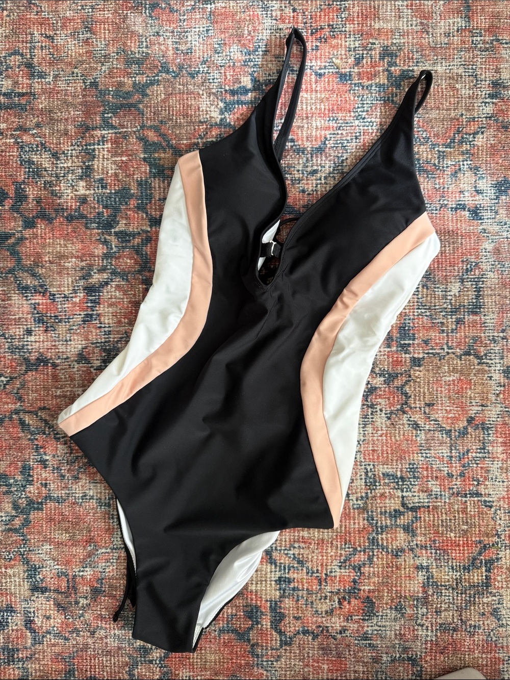 Women’s Black One-Piece Swimsuit with Cream and Blush Panels